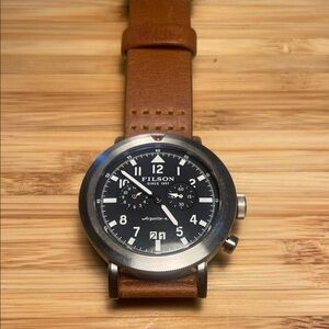 Filson Scout Dual Time Black Dial Watch with Tan Leather Strap